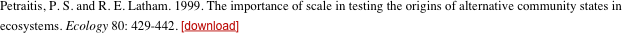Petraitis, P. S. and R. E. Latham. 1999. The importance of scale in testing the origins of alternative community states in ecosystems. Ecology 80: 429-442. [download]