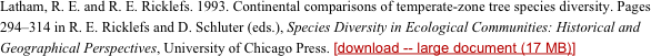 Latham, R. E. and R. E. Ricklefs. 1993. Continental comparisons of temperate-zone tree species diversity. Pages 294–314 in R. E. Ricklefs and D. Schluter (eds.), Species Diversity in Ecological Communities: Historical and Geographical Perspectives, University of Chicago Press. [download -- large document (17 MB)]